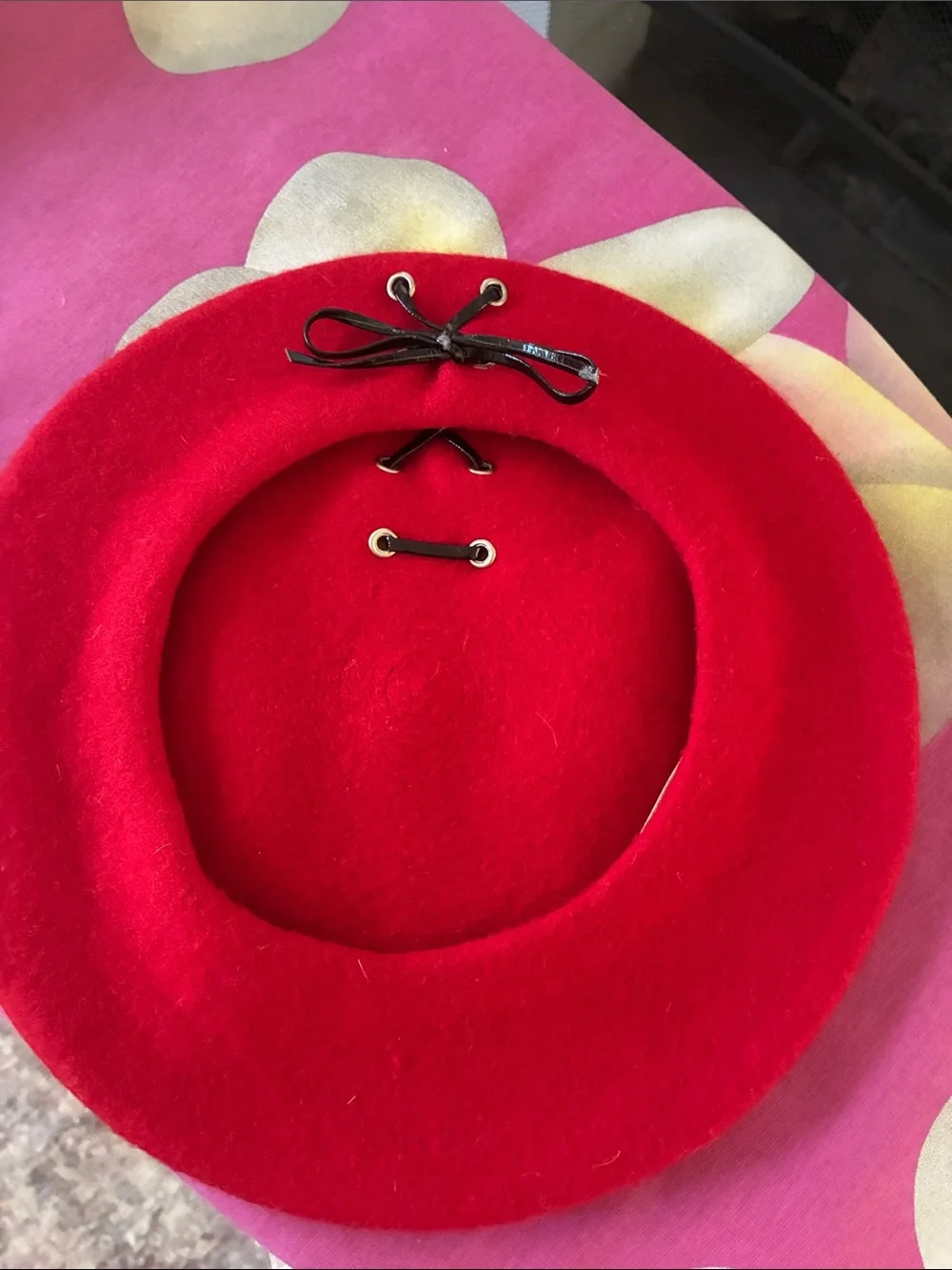 Nordstrom 100% Wool Beret Italy corset-style lace-up accent ribbon tie front